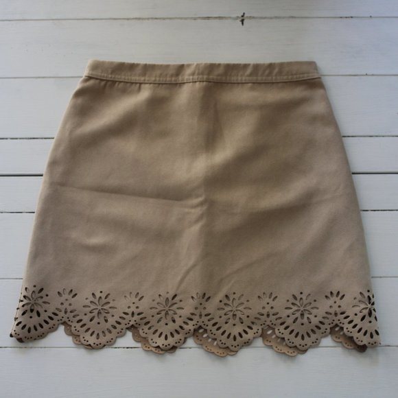 Tan Suede Mini Skirt with Laser Cut Lace Hem - Picture 2 of 7